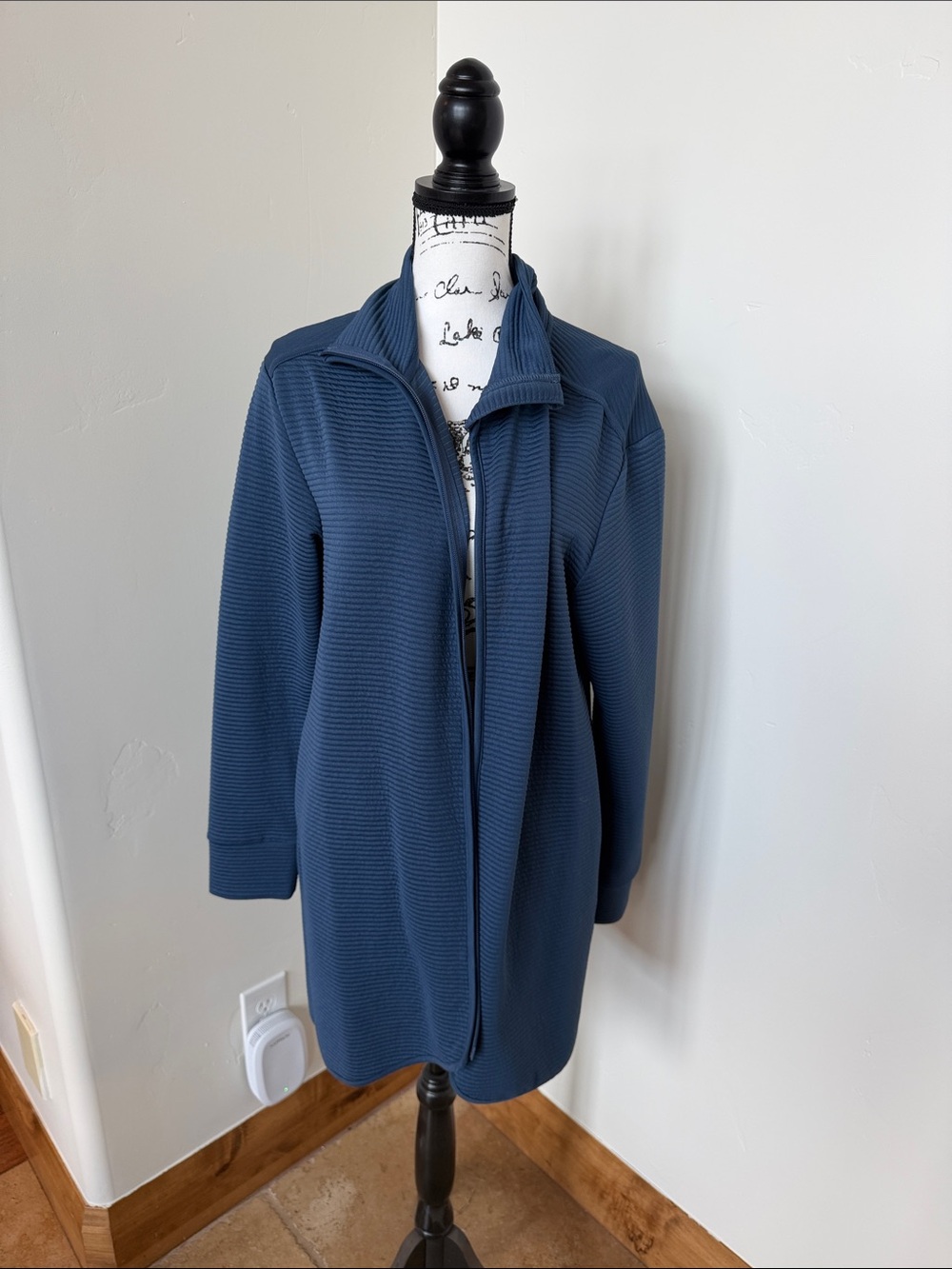 MPG Textured Navy Zip-Front Long Trench Coat